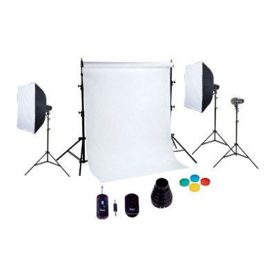 Conjunto de iluminação para fotografia com softboxes, tripés, painel branco e acessórios coloridos