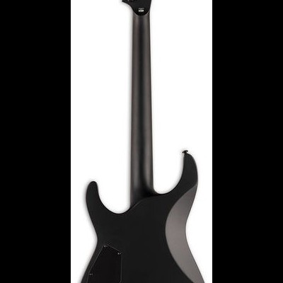 Guitarra elétrica preta vista de costas com acabamento fosco e brilhante