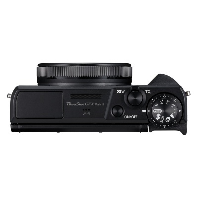 Máquina fotográfica digital Canon PowerShot G7X Mark III preta vista de cima.