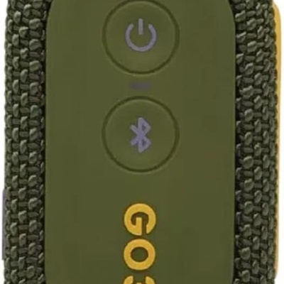 Coluna portátil verde com botão de ligar e Bluetooth