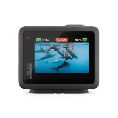 Câmara de ação GoPro preta a mostrar golfinhos na água no ecrã