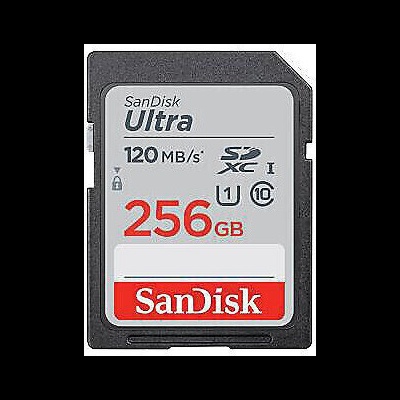 Cartão de memória SanDisk Ultra SDXC 256 GB com indicação de velocidade e classe.