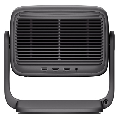 Projetor cinzento escuro com suporte e várias portas frontais