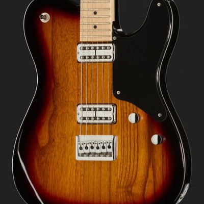 Guitarra elétrica castanho com braço claro e detalhes pretos