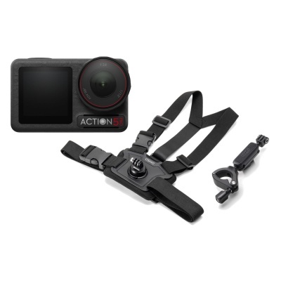 Câmara de ação preta com arnês de peito e suporte