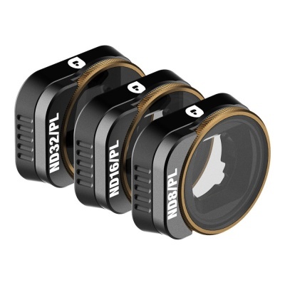 Três filtros de lente para câmara preto com aro dourado e texto branco