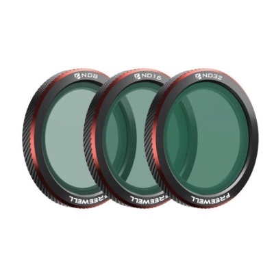 Filtros ND8, ND16 e ND32 para câmara fotográfica com armação preta e vermelha.