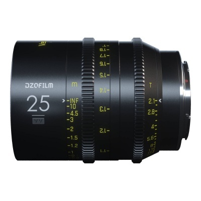 Objetiva fotográfica DZOFilm 25 preta com marcações amarelas e anéis de ajuste