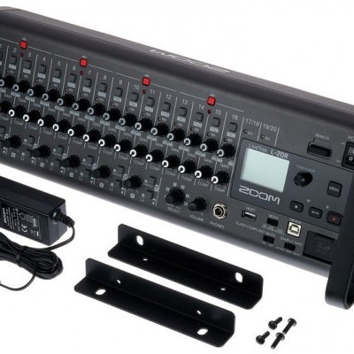 Mesa de mistura Zoom LiveTrak L-20 com botões e ecrã digital, transformador e suportes pretos