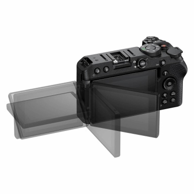 Câmara fotográfica preta com ecrã LCD articulado em várias posições