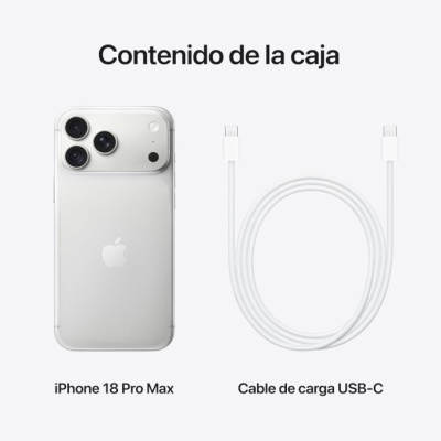 iPhone 18 Pro Max prateado e cabo de carga USB-C branco em fundo branco