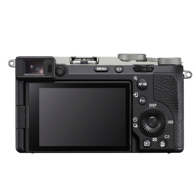 Câmara fotográfica digital compacta preta com ecrã LCD e botões de controlo