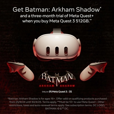 Headset Meta Quest 3 branco com controladores e texto promocional de Batman: Arkham Shadow