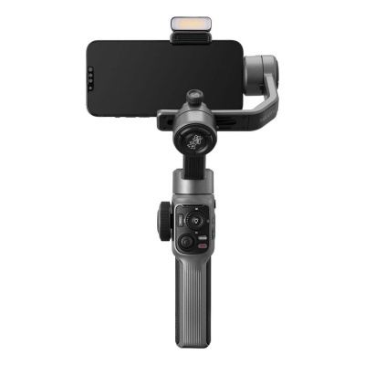 Estabilizador de imagem cinza com smartphone e luz LED