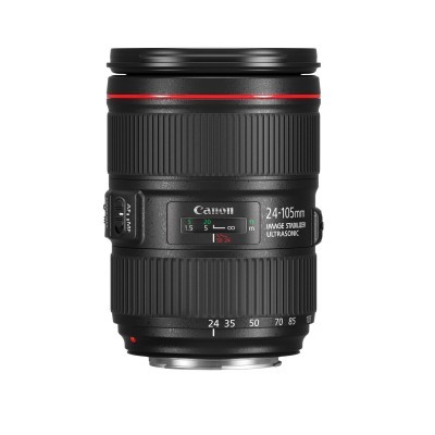 Objetiva de câmara Canon 24-105mm preta com texto visível