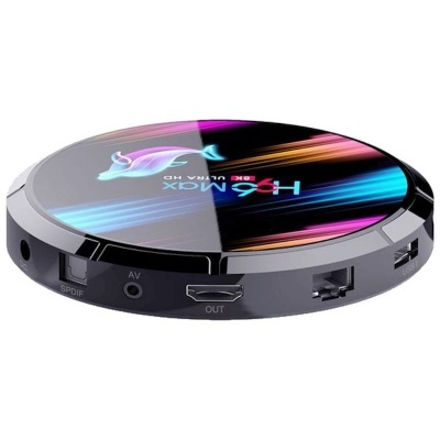 Receptor multimedia redondo preto com portas SPDIF, AV, HDMI, Ethernet e USB