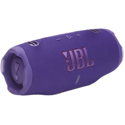 Coluna de som portátil JBL roxa com textura em malha e botões de controlo