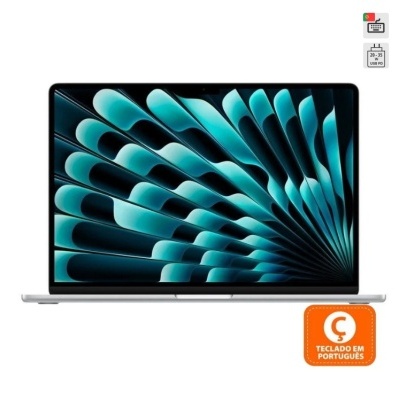 Portátil com ecrã azul e preto e etiqueta de teclado em português