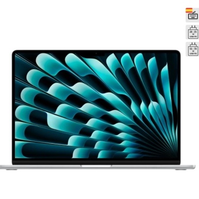 Computador portátil prateado aberto com padrão azul e preto no ecrã