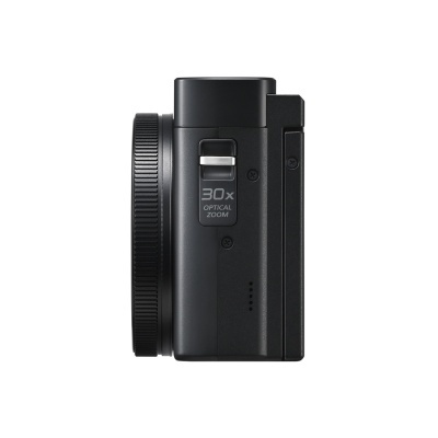 Câmara fotográfica preta vista de lado com Zoom óptico 30x