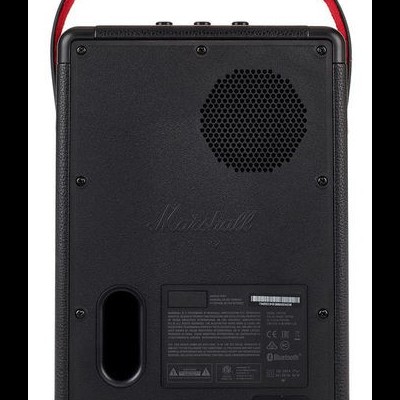 Coluna portátil preta Marshall com alça vermelha e grelha circular