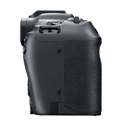 Lateral esquerda de câmara fotográfica digital DSLR preta com textura antiderrapante