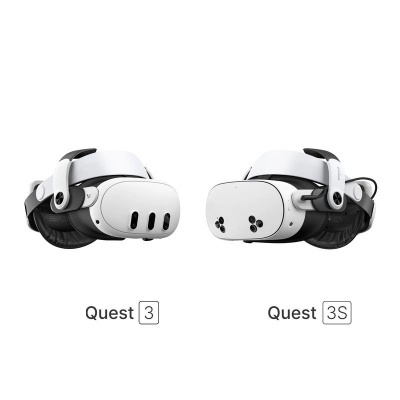 Dois dispositivos de realidade virtual Quest 3 e Quest 3S brancos com detalhes em preto