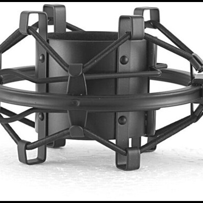 Suporte antivibração para microfone preto em metal e plástico com ajuste de rosca.