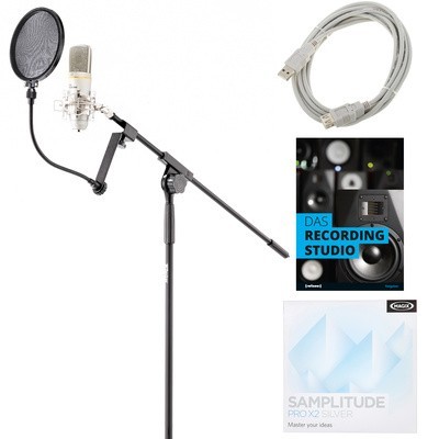 Microfone em suporte com cabo USB e software de gravação