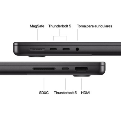 Portátil preto com portas etiquetadas em português em fundo branco