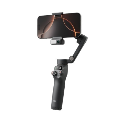 Gimbal DJI cinza escuro com telemóvel preto montado