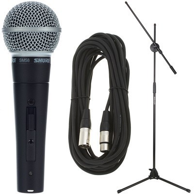 Microfone SHURE SM58 preto com cabo e suporte de microfone tripé