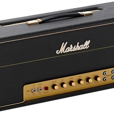 Cabeça de amplificador Marshall preto com painel dourado e botões