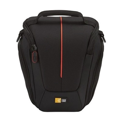 Mala de transporte preta com alça superior e detalhe vermelho vertical