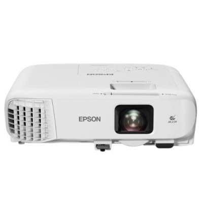 Projetor branco da marca EPSON com lente e grelha de ventilação