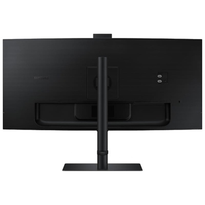 Monitor curvo preto visto de trás com suporte e duas portas USB-C