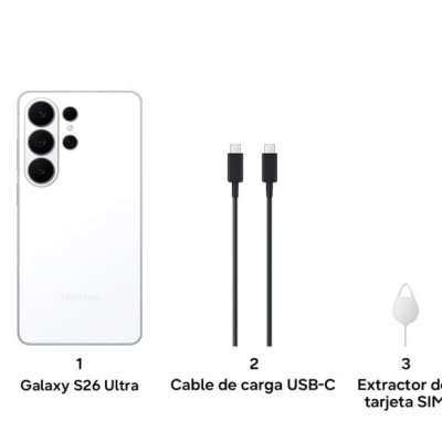 Smartphone Samsung Galaxy S26 Ultra branco, cabo USB-C preto e extrator de SIM branco num fundo branco.