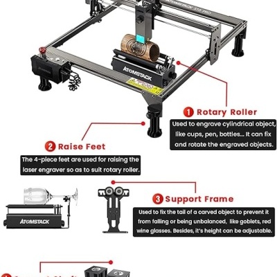 Gravador a laser metálico preto com partes rotuladas e texto explicativo em inglês