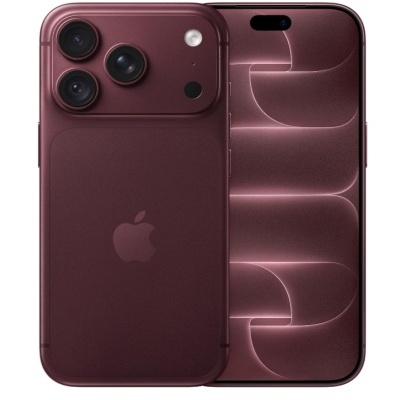 Smartphone Apple iPhone vermelho escuro com três câmaras e ecrã frontal com padrão luminoso.