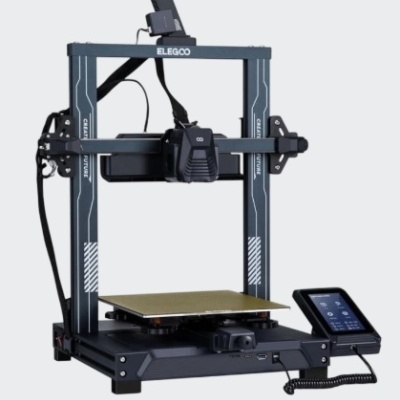 Impressora 3D Elegoo preta com placa dourada e ecrã táctil azul