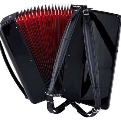 Acordeão preto com fole vermelho e tiras negras