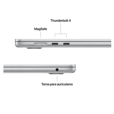 Portátil cinza prateado com portas MagSafe e Thunderbolt 4 e tomada para auriculares