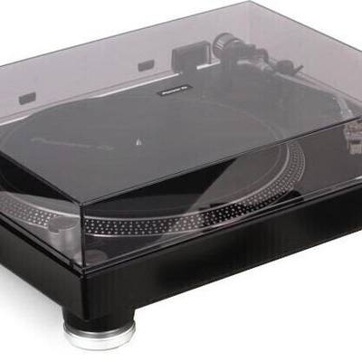 Gira-discos preto com tampa transparente e pés prateados