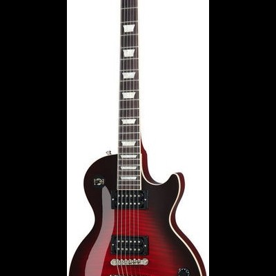 Guitarra elétrica Gibson vermelha escura com gradiente e detalhes brancos e dourados