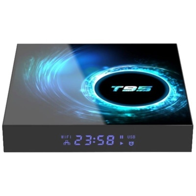 Set-top box T95 preta com padrão azul e display digital frontal