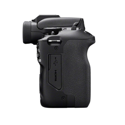 Câmara fotográfica preta vista de lado com textura antiderrapante e botões