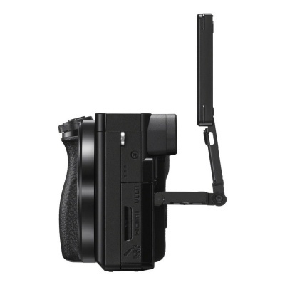 Câmara fotográfica preta com monitor articulado aberto