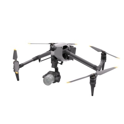 Drone preto com quatro hélices e câmara esférica na parte inferior