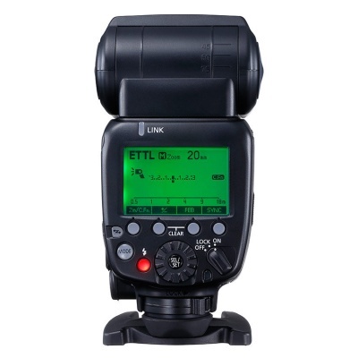 Flash fotográfico externo preto com ecrã digital verde e botões