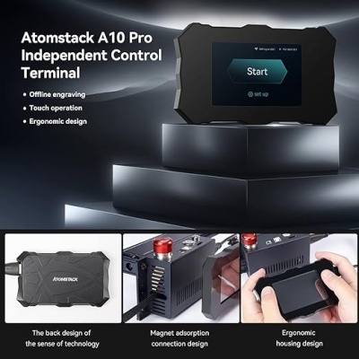 Dispositivo Atomstack A10 Pro preto com ecrã tátil e design ergonómico em diferentes perspetivas